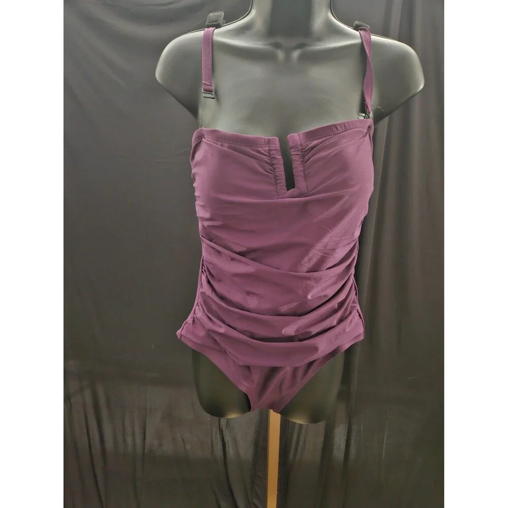 DKNY PURPLE RUCHED ONE PIECE SWIMSUIT REMOVABLE STRAP SZ L NWT - Picture 6 of 10
